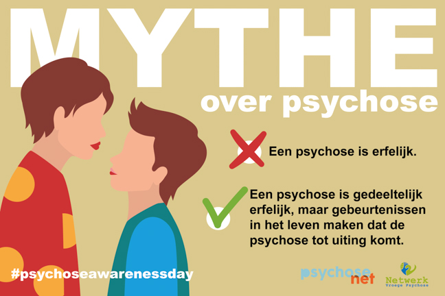 Mythe over Psychose: Er zijn wel aanwijzingen dat er sprake is van een aanleg voor psychose, die erfelijk kan zijn. Het hebben van een eerstegraads familielid met psychose is echter niet voorspellend voor een psychose. 
Het doormaken van meerdere traumatische gebeurtenissen, met name vroegkinderlijk trauma zoals misbruik, is wel voorspellend voor een psychose. Ook de afstand tussen we je bent en wie je graag wilt zijn heeft invloed op het ontstaan van een psychose, evenals het gebruik van middelen.